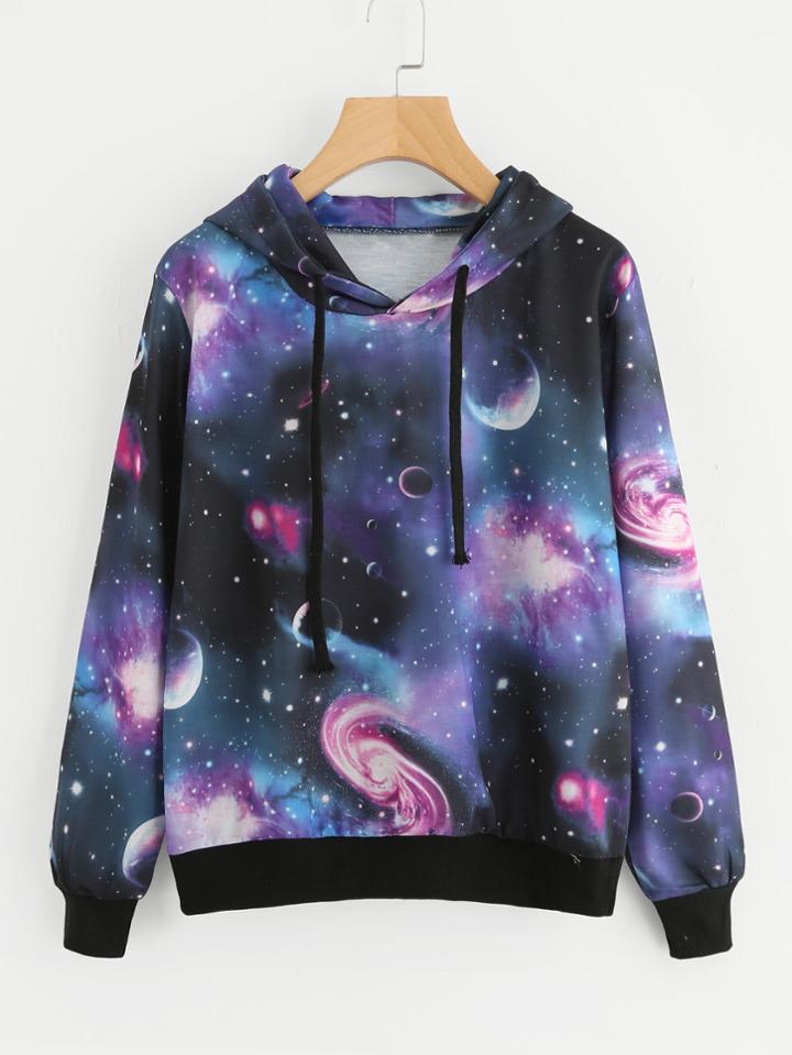 Shein Contrast Trim Starry Space Print Hoodie