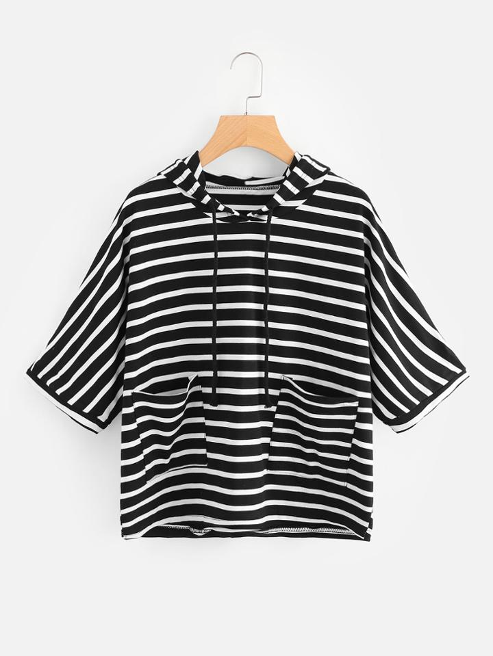 Shein Double Pockets Striped Hoodie