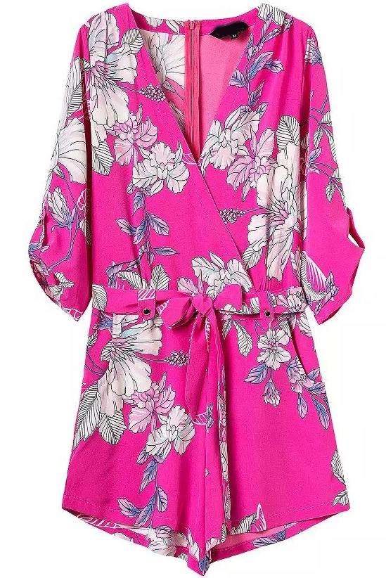 Shein Rose Red V Neck Tie-waist Floral Jumpsuit