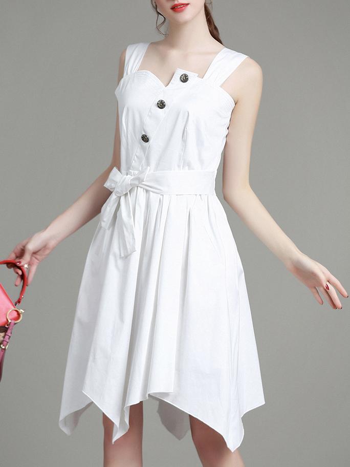 Shein White Strap Tie-waist Pockets Dress