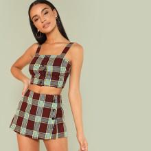 Shein Button Detail Plaid Crop Top & Skirt Shorts Set