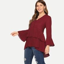 Shein Plus Single Breasted Pleated Dip Hem Blouse