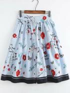 Shein Flower Print Striped Contrast Hem Skirt