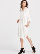 Shein White Roll Tab Sleeve Slit Side High Low Shirt Dress