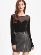 Shein Black Contrast Sheer Mesh Velvet T-shirt