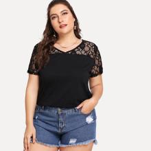 Shein Plus V Neck Floral Lace Insert Tee