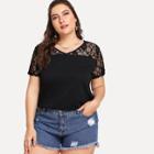 Shein Plus V Neck Floral Lace Insert Tee