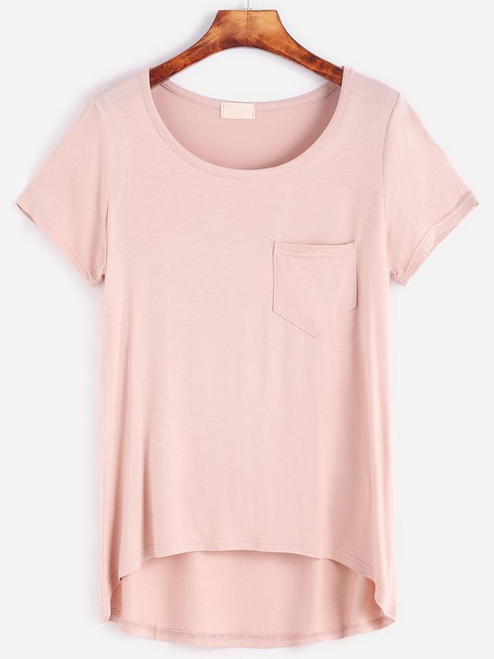 Shein Pink Dip Hem T-shirt With Pocket