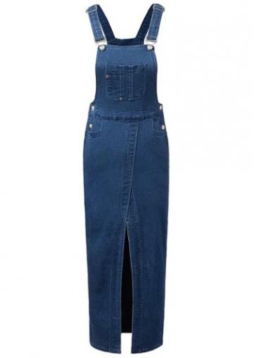 Rosewe Blue Front Slit Denim Suspender Dress