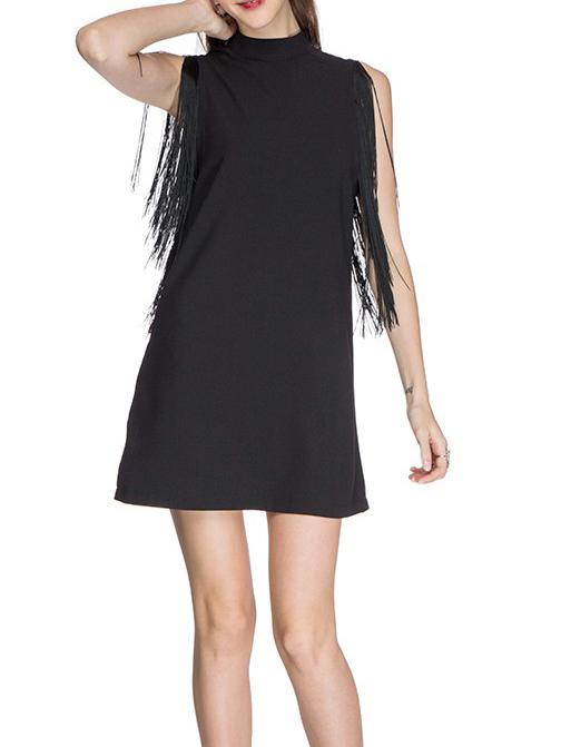 Shein Black Stand Collar Tassel Straight Dress