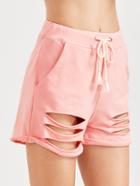 Shein Pink Drawstring Waist Ripped Roll Hem Shorts