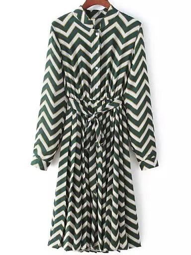 Shein Green White Stand Collar Wave Pattern Dress