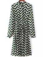 Shein Green White Stand Collar Wave Pattern Dress