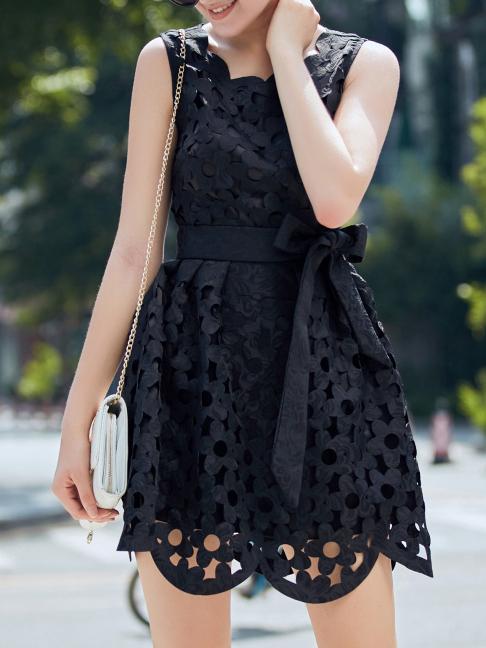 Shein Black Jacquard Tie-waist Hollow Dress