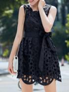 Shein Black Jacquard Tie-waist Hollow Dress