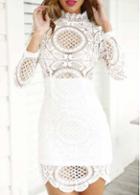 Rosewe Zipper Closure Long Sleeve White Lace Crochet Dress