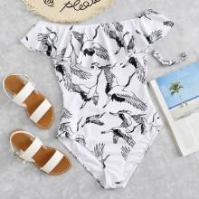 Shein Plus Crane Bird Print Flounce Bardot Swimsuit