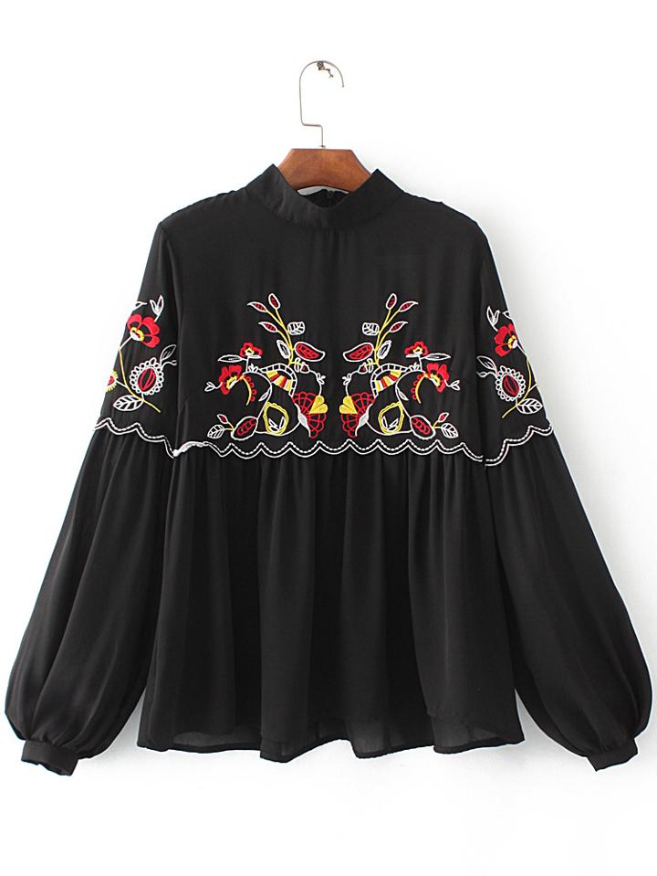 Shein Black Embroidered Lantern Sleeve Zip Back Blouse