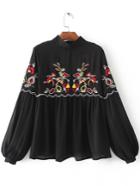 Shein Black Embroidered Lantern Sleeve Zip Back Blouse