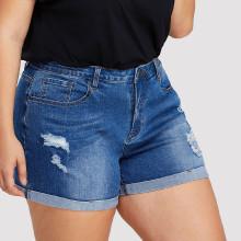 Shein Plus Cuffed Hem Bleach Wash Denim Shorts