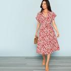 Shein Plunging Neck Pleated Floral Dress