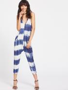 Shein Deep V Neck Racerback Tie Dye Stripe Crop Jumpsuit