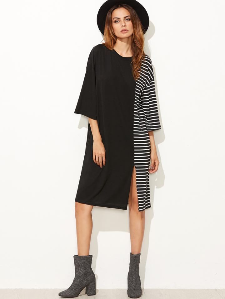 Shein Contrast Striped Slit Hem Tee Dress