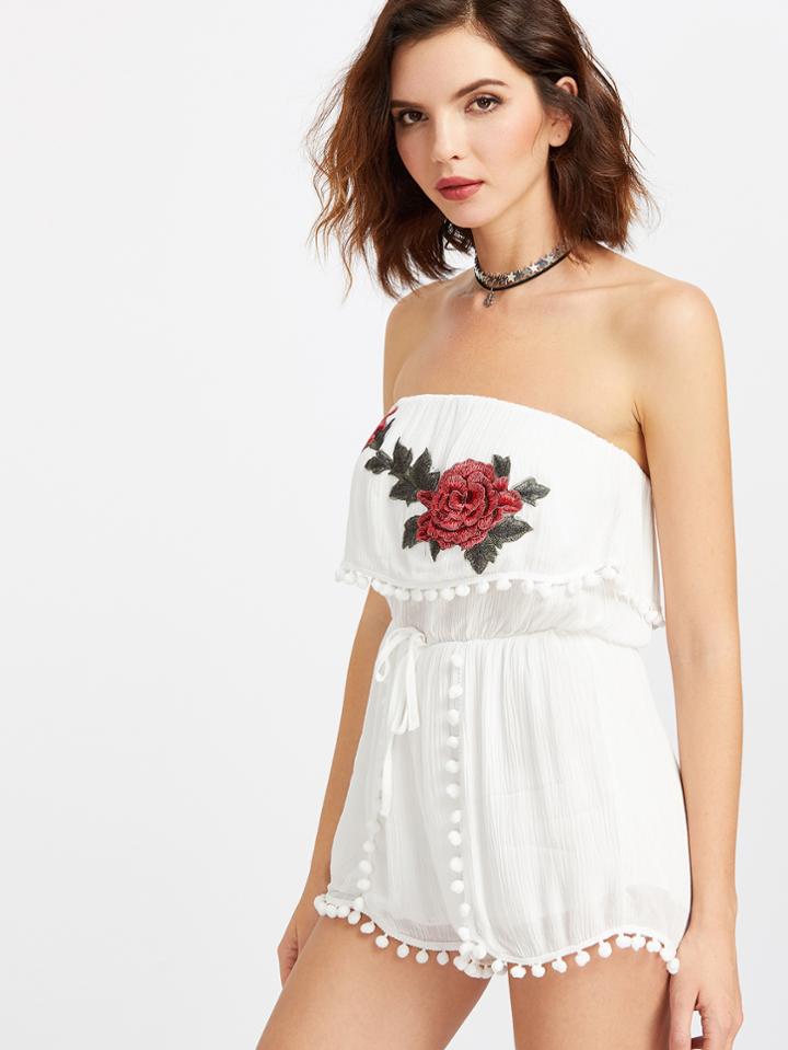 Shein Flower Embroidered Patch Pom Pom Trim Layered Romper