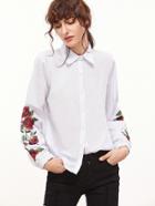 Shein White Rose Embroidered Lantern Sleeve Shirt