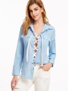 Shein Blue Eyelet Lace Up Curved Hem Top