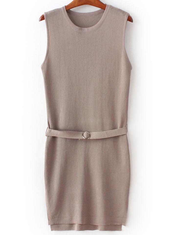 Shein Brown Sleeveless Split Dress With Belt