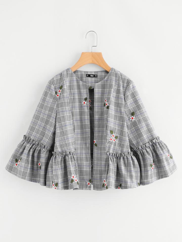 Shein Frill Sleeve And Hem Embroidered Plaid Blazer