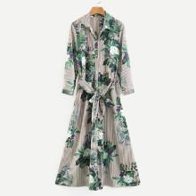 Shein Foliage Print Striped Shirt Dress
