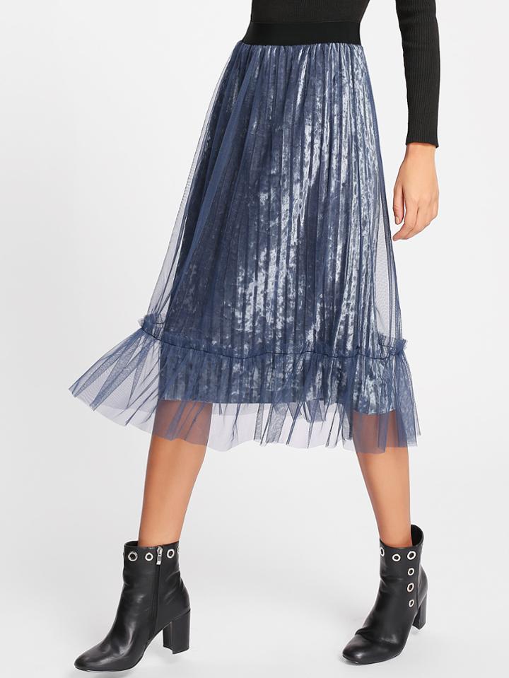 Shein Ruffle Hem Mesh Overlay Velvet Skirt