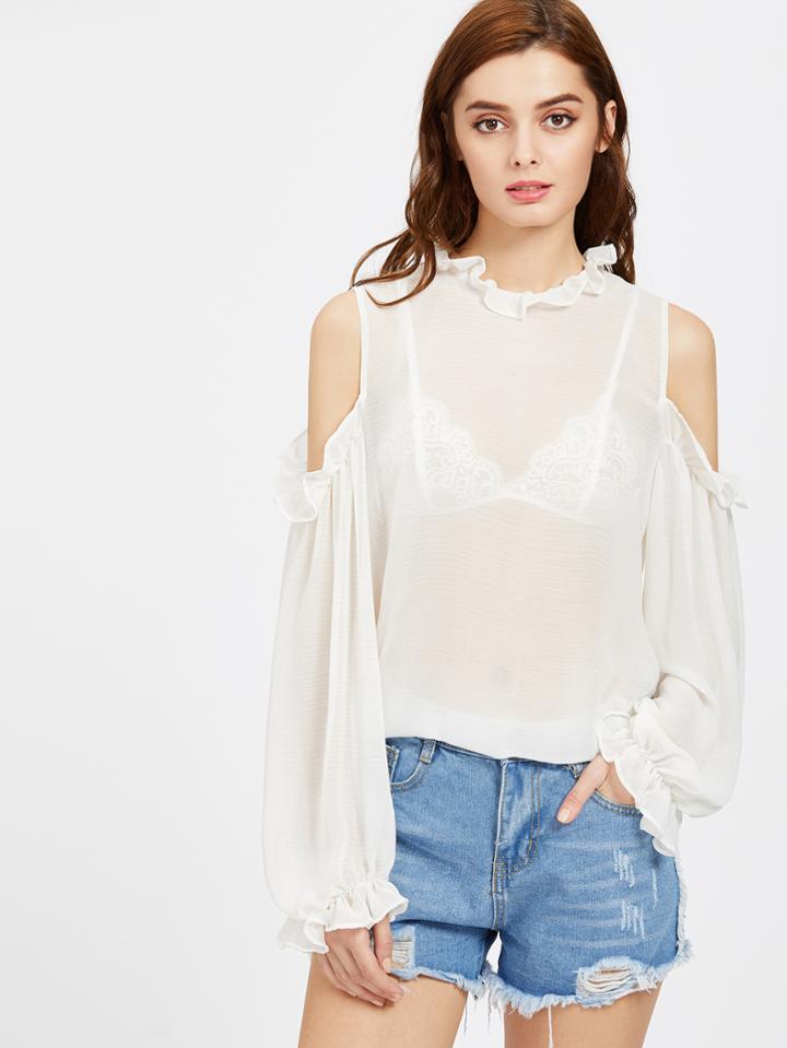 Shein Frill Detail Open Shoulder Lantern Sleeve Semi Sheer Top