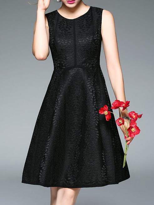 Shein Black Crew Neck Lace A-line Dress