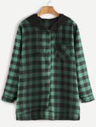 Shein Check Plaid Hooded Button High Low Blouse