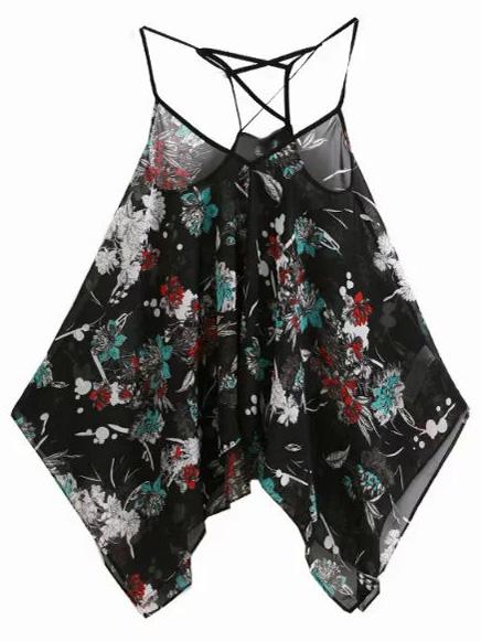 Shein Multicolor Flowers Print Split Side Spaghetti Strap Blouse