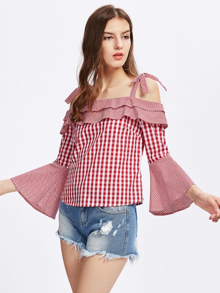 Shein Self Tie Trumpet Sleeve Mixed Gingham Top