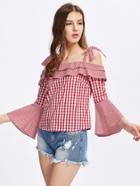 Shein Self Tie Trumpet Sleeve Mixed Gingham Top