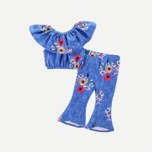 Shein Girls Floral Print Blouse With Flare Leg Pants