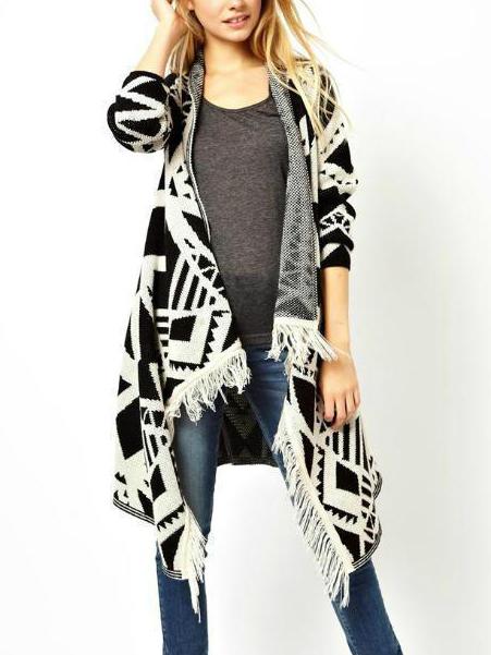 Shein Beige Geometric Print Tassel Long Coat