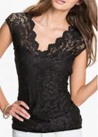 Rosewe Charming Cap Sleeve V Neck Black Lace T Shirt