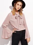 Shein Pink Tie Neck Bell Sleeve Pleated Blouse