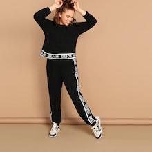 Shein Plus Letter Print Tape Pullover & Sweatpants Set