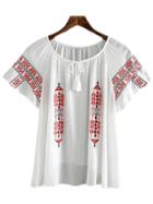 Shein White Short Sleeve Tie Neck Tassel Embroidery Blouse