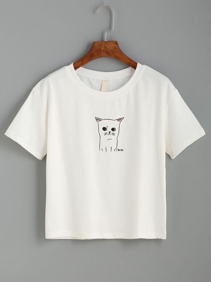 Shein White Cat Print Drop Shoulder T-shirt