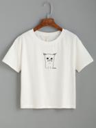 Shein White Cat Print Drop Shoulder T-shirt