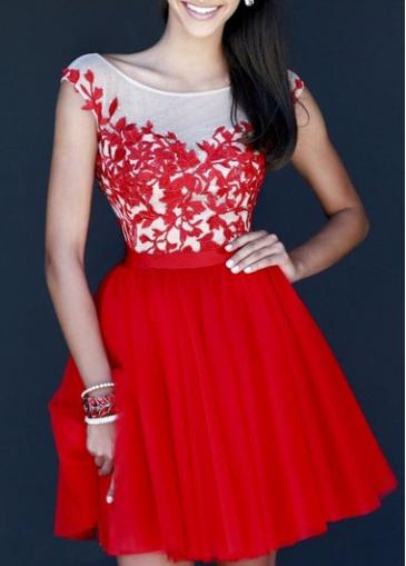 Rosewe Hollow Back Cap Sleeve Lace Splicing Red Dress