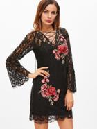 Shein Black Lace Up Embroidered Rose Applique Lace Overlay Dress